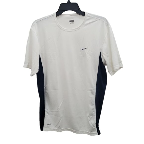 Nike NikeFit Dry Mens White Navy Panel Grey Embroidered Swoosh Crew Active Top L - Picture 1 of 7